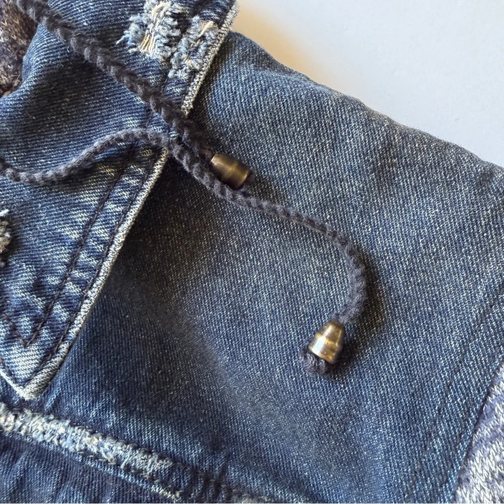 Free People Dark Denim Jean Jacket with Heathered Gray Knit Sleeves